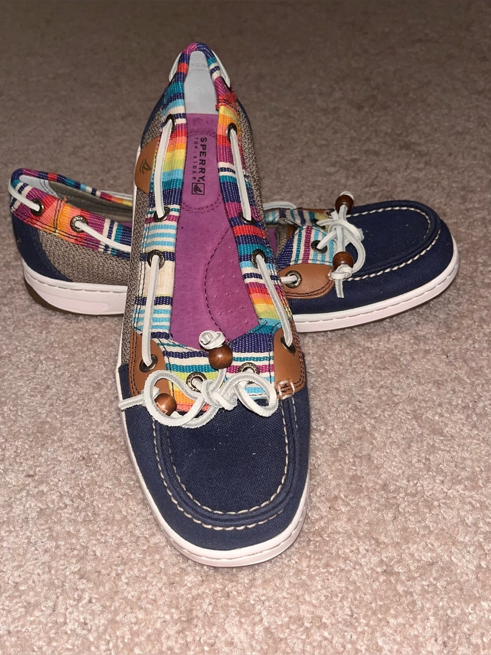 Sperry Navy Canvas Boat Shoes with Rainbow Stripe Trim